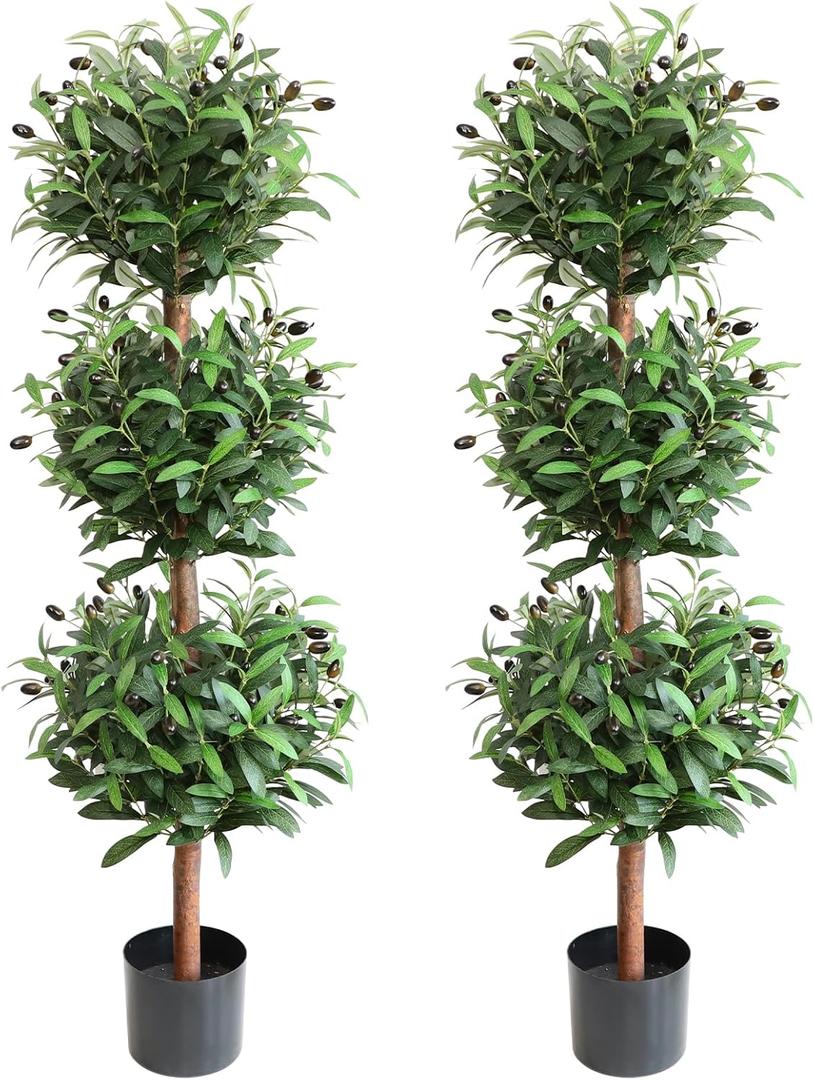 Artificial Olive Triple Ball Topiary Trees, 4FT Faux Olive Topiary Tree 2 Packs, 47 Inch Fake Potted Plants for Indoor Porch Decor