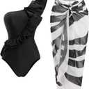 IDOPIP Women's One Piece Swimsuit with Beach Cover up Wrap Skirt Sarong Halter Floral Print Bikini Set Two Piece Bathing Suit (Medium, Black - Zebra)
