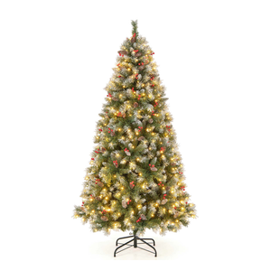 6.5 FT Artificial Christmas Tree Hinged w/ 420 Warm LED Lights & 207 Red Berries
