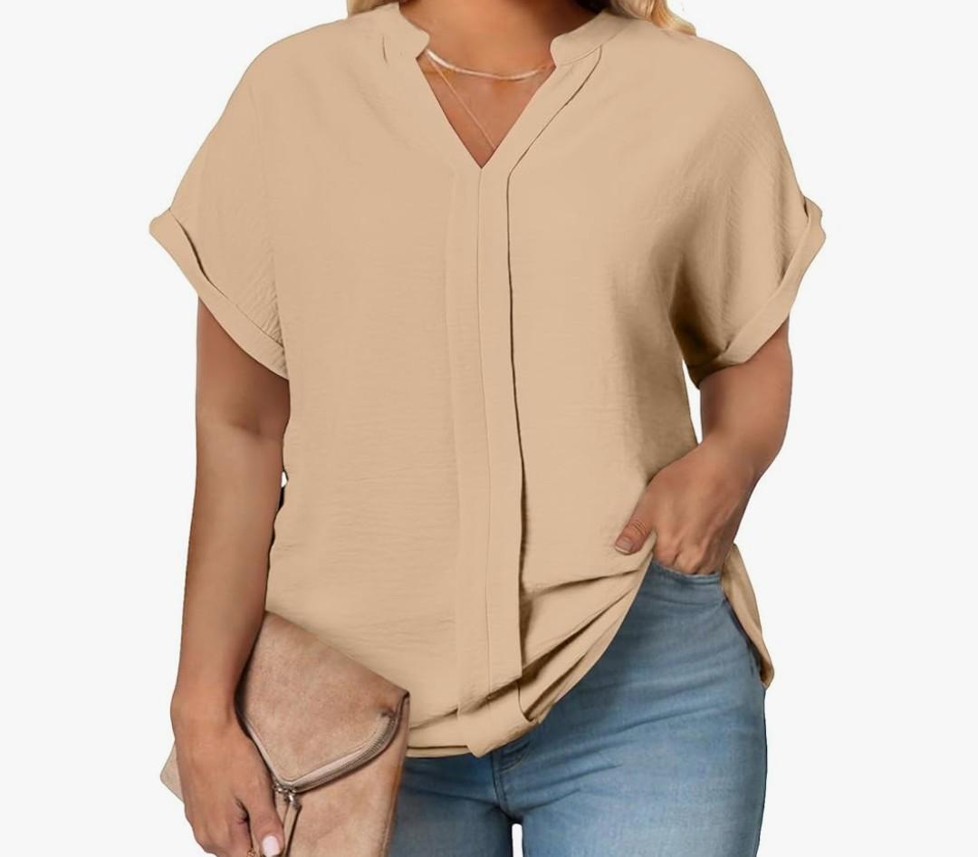 Womens Short Sleeve Tops Plus Size V Neck Summer Shirts Trendy Oversized Work Blouse Casual Loose Fit Gym Tshirts, XXL