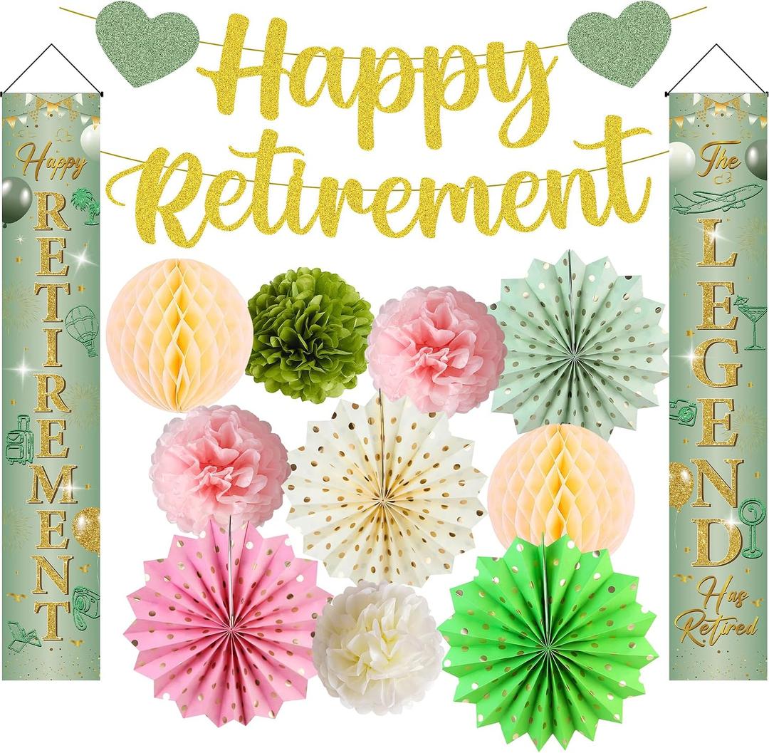 Retirement Party Decorations Set Women - 14 Pcs Green Gold Banner Happy Retirement Door Hanging Banners Paper Flowers Balls Fans Set for Women Men Sage-Green Retire Party Decor Supplies