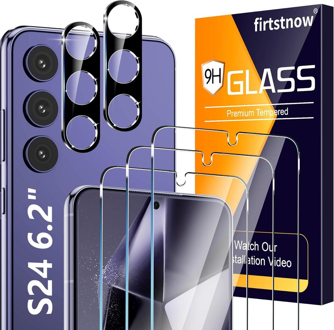 3 Pack Glass Screen Protector for Samsung Galaxy S24 [6.2 inch] + 2 Pack Black Camera Lens Protector, 9H Tempered Glass, Fingerprint Unlock, HD Clear Case Friendly Anti-Scratch