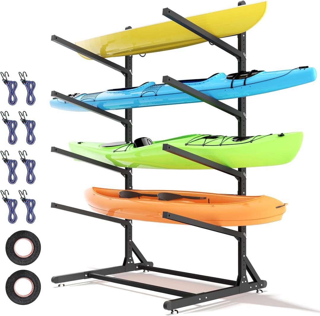 Freestanding Kayak Storage Rack, Heavy Duty Adjustable Stand for Kayaks, SUPs, Paddleboards, Canoes, Weatherproof (4 Levels)