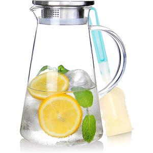 SUSTEAS 2.0 Liter 68oz Glass Pitcher with Lid, Easy Clean Heat Resistant Glass Water Carafe with Handle for Hot/Cold Beverages - Water, Cold Brew, Iced Tea & Juice, With 1 Long-Handled Brush Included (Clear)