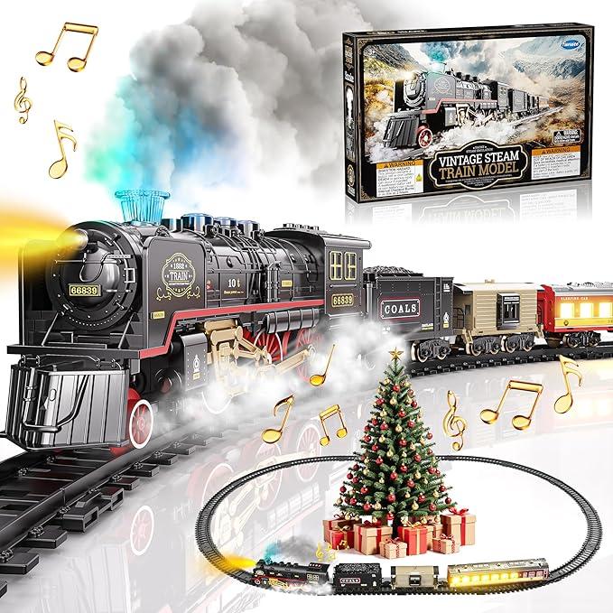 Funwee Electric Train Toy with Smokes,Lights and Sound,Train Set for Under Christmas Tree, Locomotive Train Model with Track, for 3 4 5 6 7+ Years Old Toddler Boys and Girls Birthday