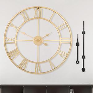 Large Modern Metal Wall Clocks Rustic Round Silent Non Ticking Battery Operated Roman Numerals Clock for Living Room/Bedroom/Kitchen Wall Decor-(Gold, 40cm), 16 Inch