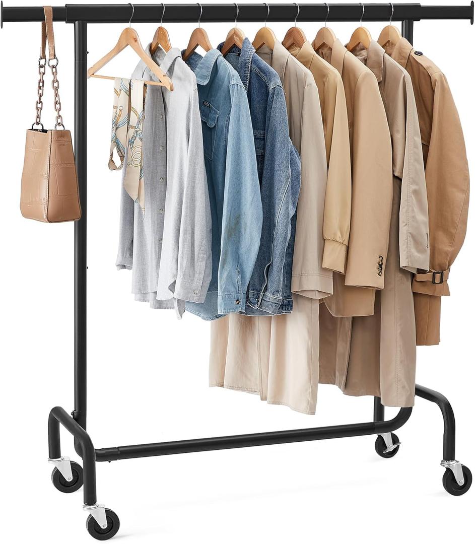 SONGMICS Clothes Rack with Wheels, Heavy-Duty Garment Rack with Extendable Hanging Rod, 286.6 lb Load Capacity, 17.7 x (43.3-59.1) x 64.1 Inches, Chrome-Plated, Matte Black UHSR011B01