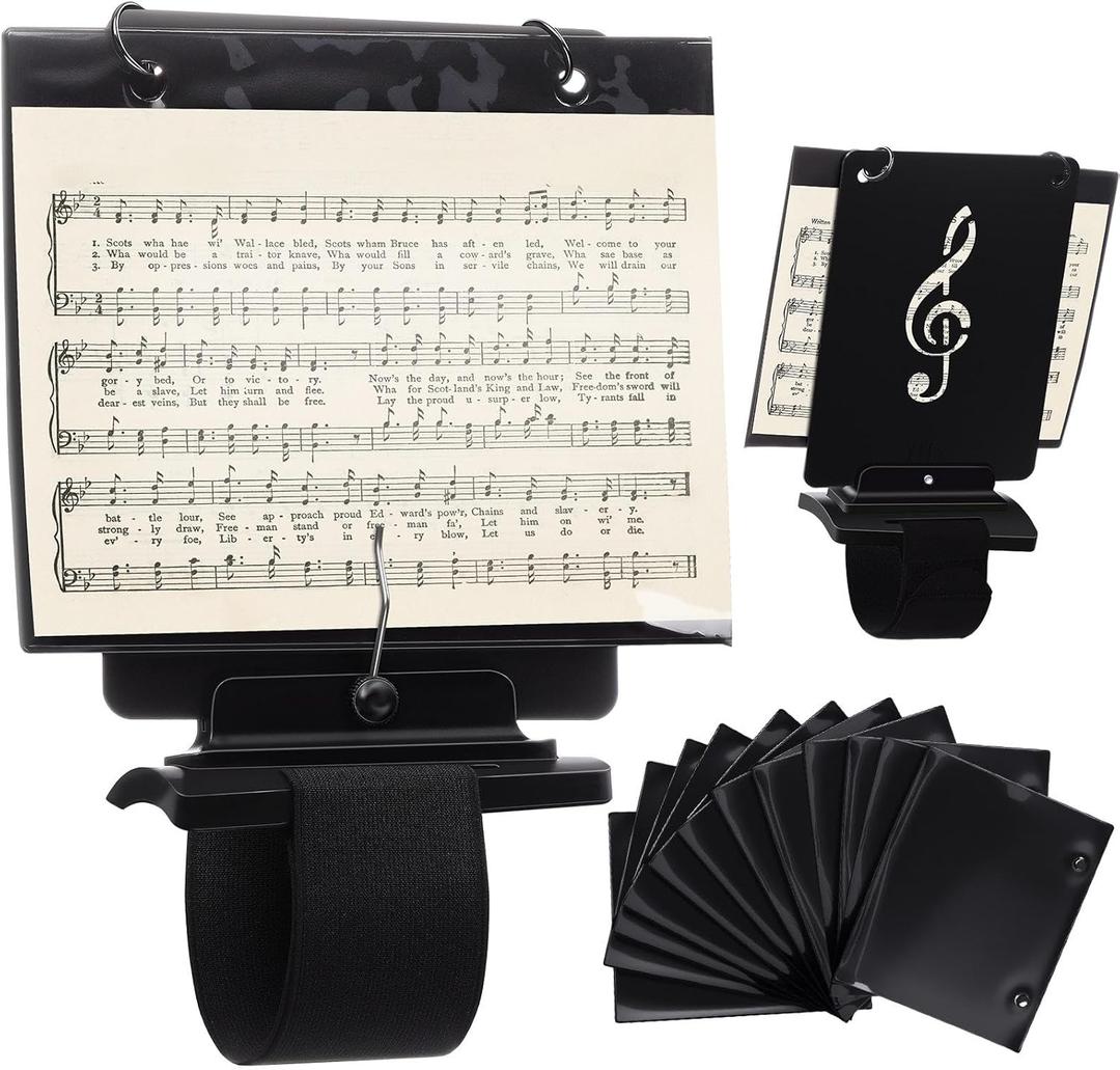 Flute Lyre Flip Folder for Marching Band, 12 Pcs Waterproof 7.5 x 6.5 inches Double Sided Flip Folio Folder Pages with 2 Holes Adjustable Sheet Music Stand Holder for Clarinet Trumpet (Black)