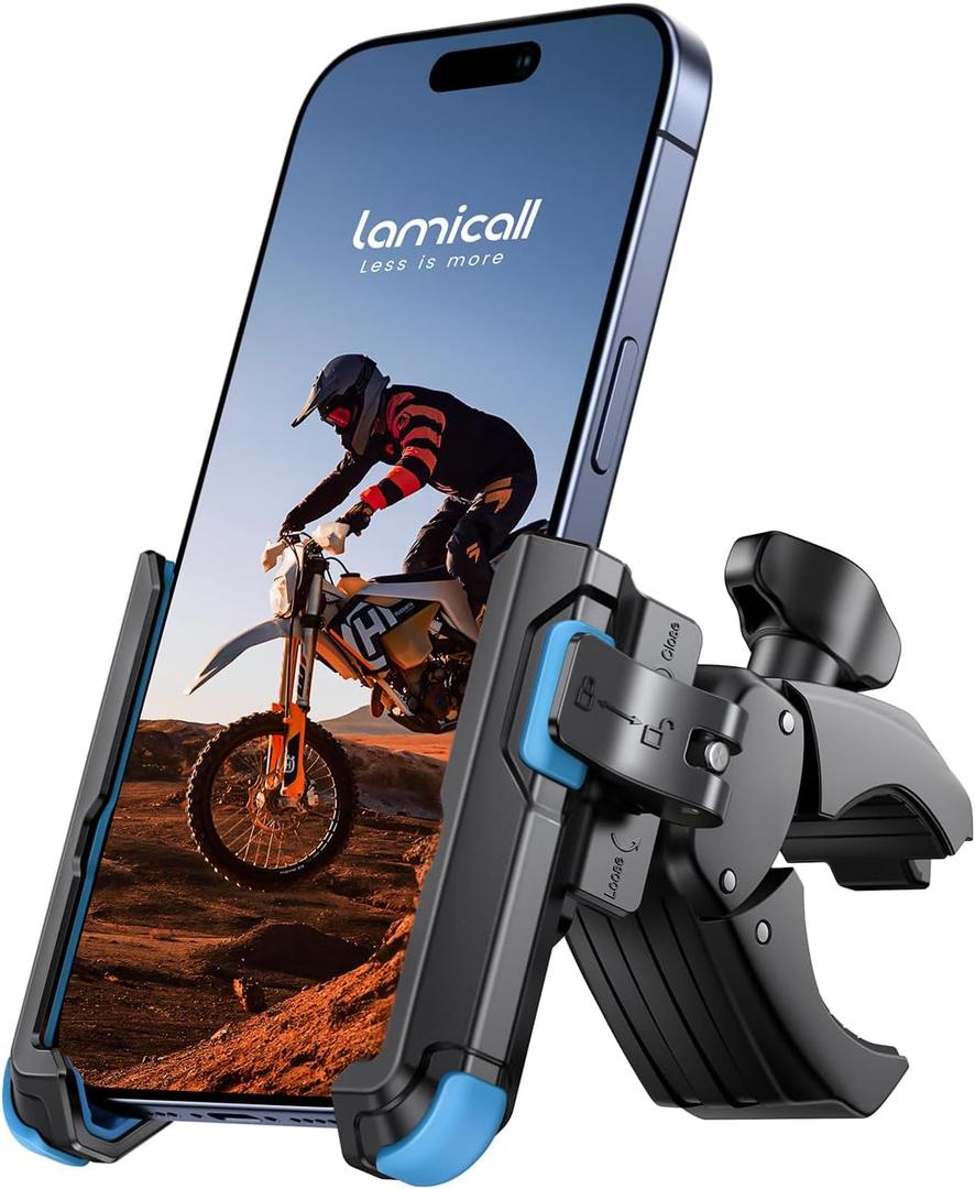 Lamicall Motorcycle Bike Phone Mount - [1s Quick Release] Bike Cell Phone Holder Clip, Bicycle Scooter Handlebar Clamp, for iPhone 17 16 15 14 Pro Max, Galaxy S25 S24 Ultra, 4.7-7" Phones, Blue