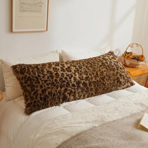 XeGe 20x54 Fluffy Leopard Print Body Pillow Cover, Cheetah Print Plush Fuzzy Faux Fur Body Pillowcase with Zipper, Farmhouse Shaggy Furry Long Pillow Cover for Pregnant Women Side Sleeper, Brown