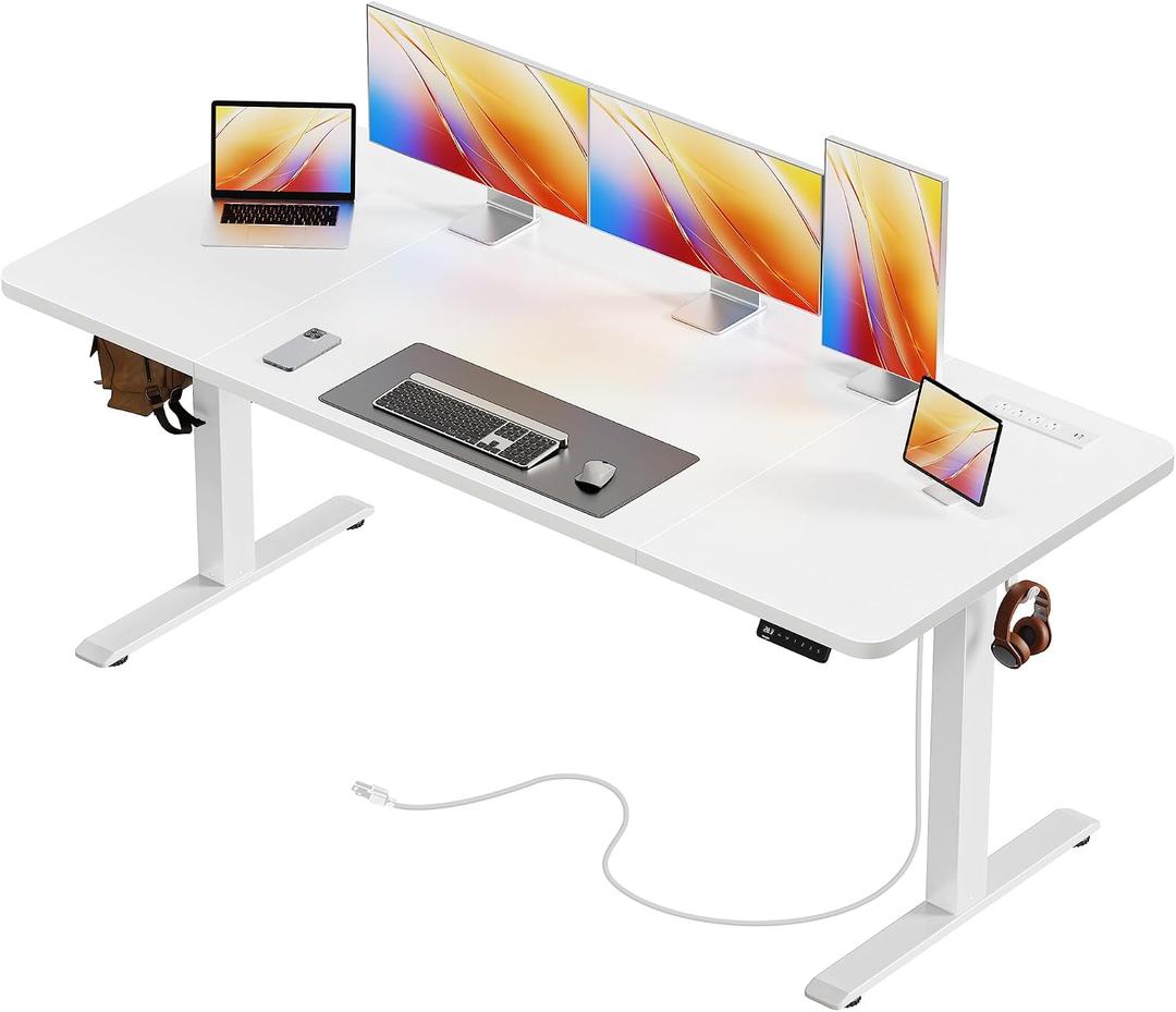 Huuger 63 X 24 Inch Electric Standing Desk with Power Outlets and USB-C Port, Height Adjustable Desk, Sit Stand Desk for Home Office, Computer & Gaming Desk with 4 Presets, Stable Steel Frame, White, 63 x 23.6 inch