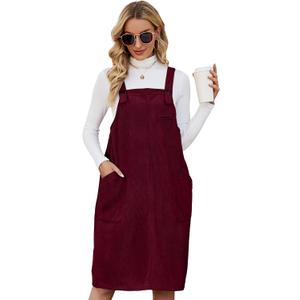 Flygo Women's Corduroy Jumper Overall Pinafore Midi Dress Skirt with Pockets (Medium, Burgundy)