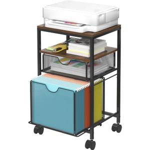 Rolling File Cart with 2 Storage Drawers, Wood & Mesh Hanging File Folder Organizer with Wheels Under Desk, File Cabinets for Home Office, 14.7" L x 11.8" D x 25.3" H