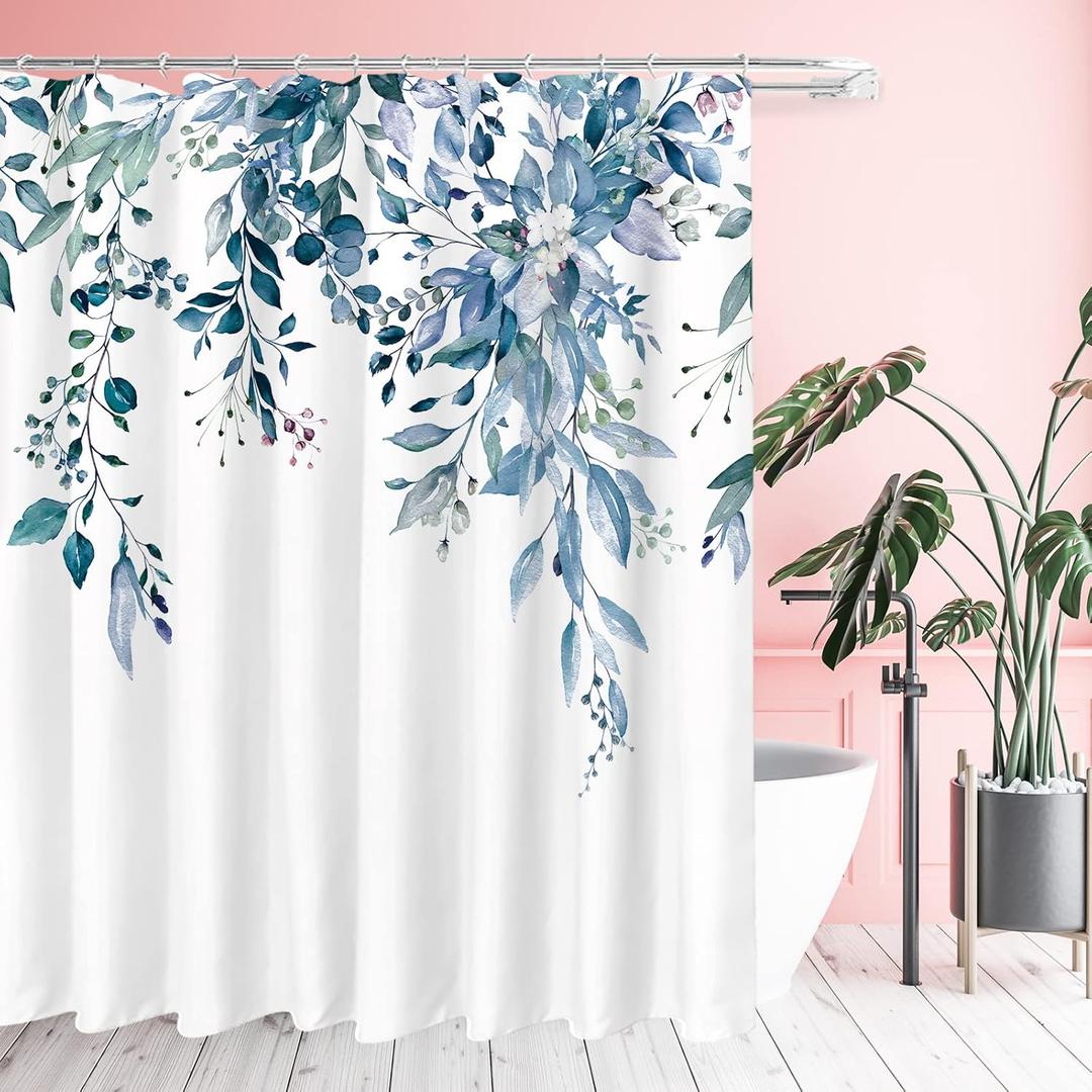 Tititex Blue Eucalyptus Leaves Shower Curtain Sets, Watercolor Leaves on The Top Plant with Floral Bathroom Decoration 72x84 Inch with Hooks