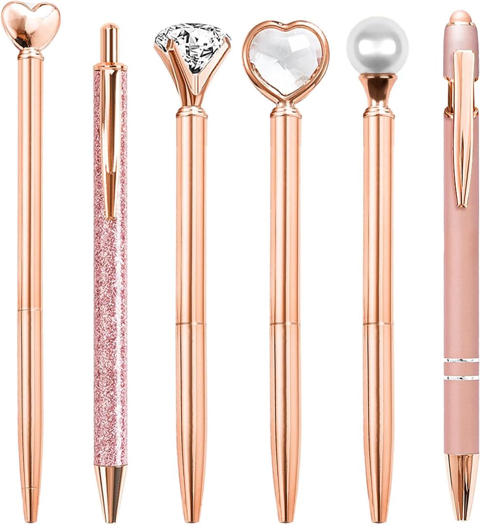 YOXMJDB Cute Pens for Women, 6 Pcs Rose Gold Pens Metal Ballpoint Pen Bulk, 1.0mm Medium Point Black Ink, Office and School Supplies Cool Fun Pen Gifts for Women Teacher Nurse (Rose Gold)