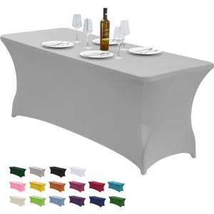 CWK 4FT Waterproof Stretch Spandex Table Cover for Rectangular Tables - Elastic Fitted Tablecloth for Folding Tables,Wrinkle Resistant Table Cloth for Parties, Weddings, Banquets & Events (Silver)