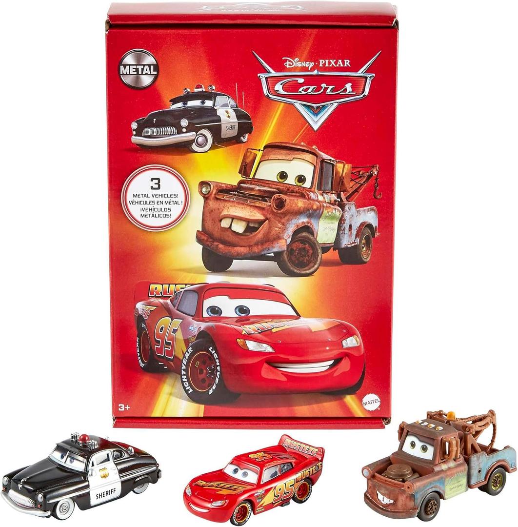 Mattel Disney and Pixar Cars Toys, Radiator Springs 3-Pack of Die-cast Toy Cars & Trucks with Lightning McQueen, Mater & Sheriff (Multicolor)