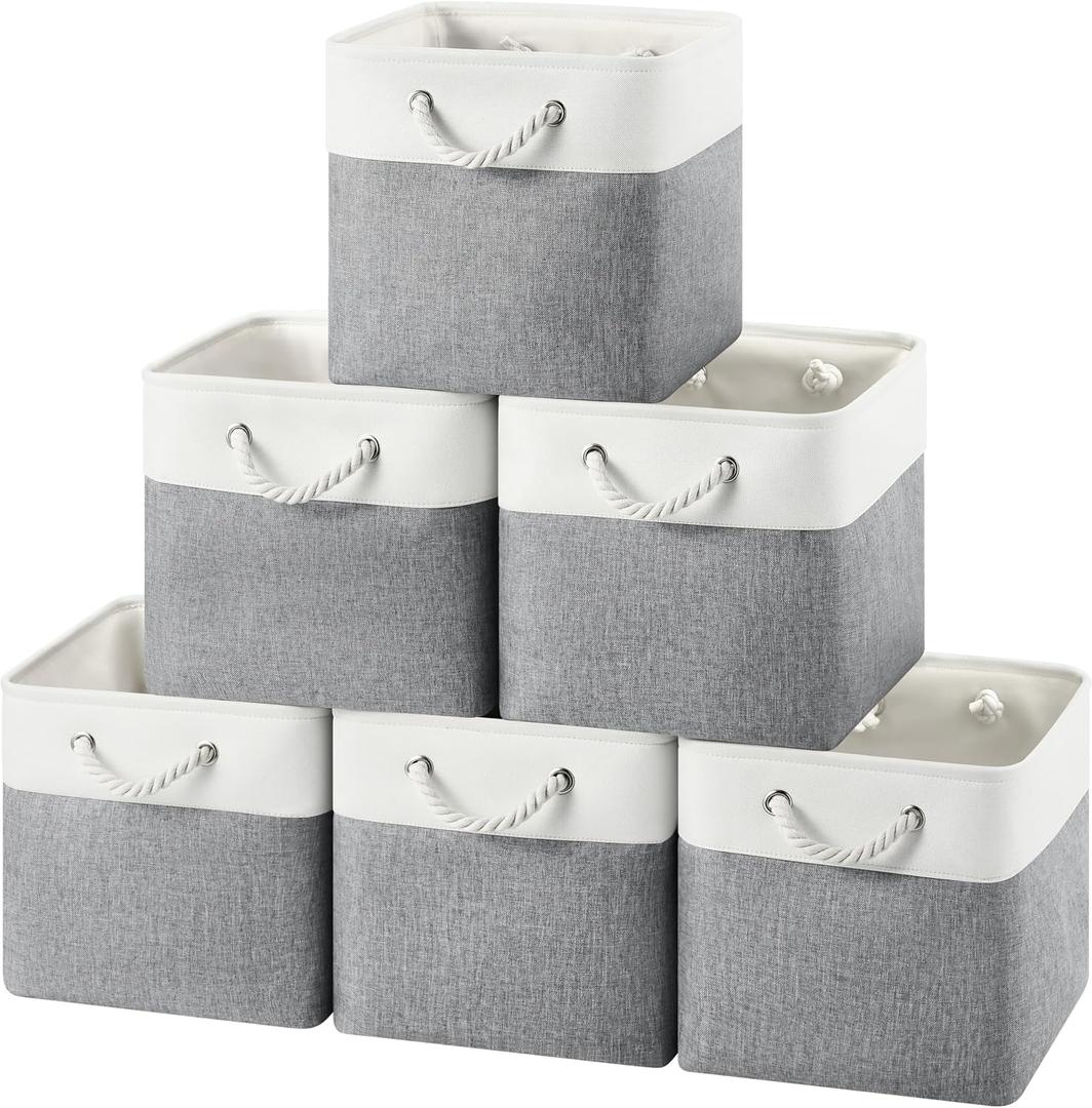 12x12 Storage Cube Bins, 6 Pack Reinforced Bottom Cardboard Foldable Box, Organizer for Closet Shelves, Heavy Home Storage Baskets (White Gray)