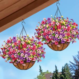 2 Pack Artificial Hanging Flowers for Outdoors, Fake Hanging Plants with 12" Baskets, 24 Pcs UV Resistant Artificial Hanging Flowers for Decoration Outdoors Garden Patio Porch Yard Spring Summer Decor