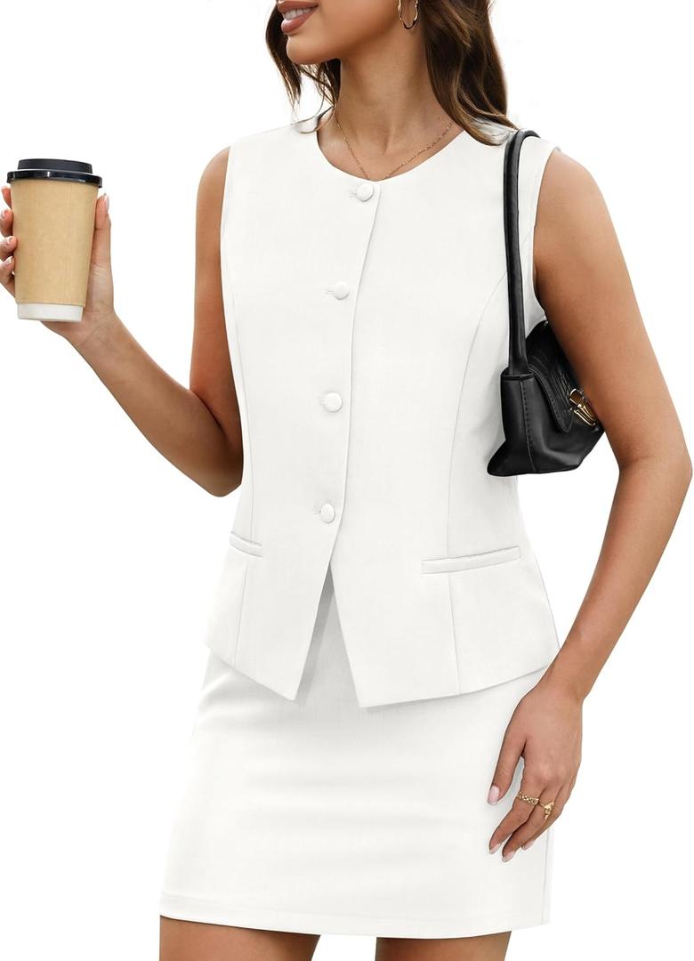 Casly Lamiit Women's Two Piece Blazer Outfits Summer Skirt Set Button Down Vest Short Skort Crew Neck Business Casual Suit (Large, White)