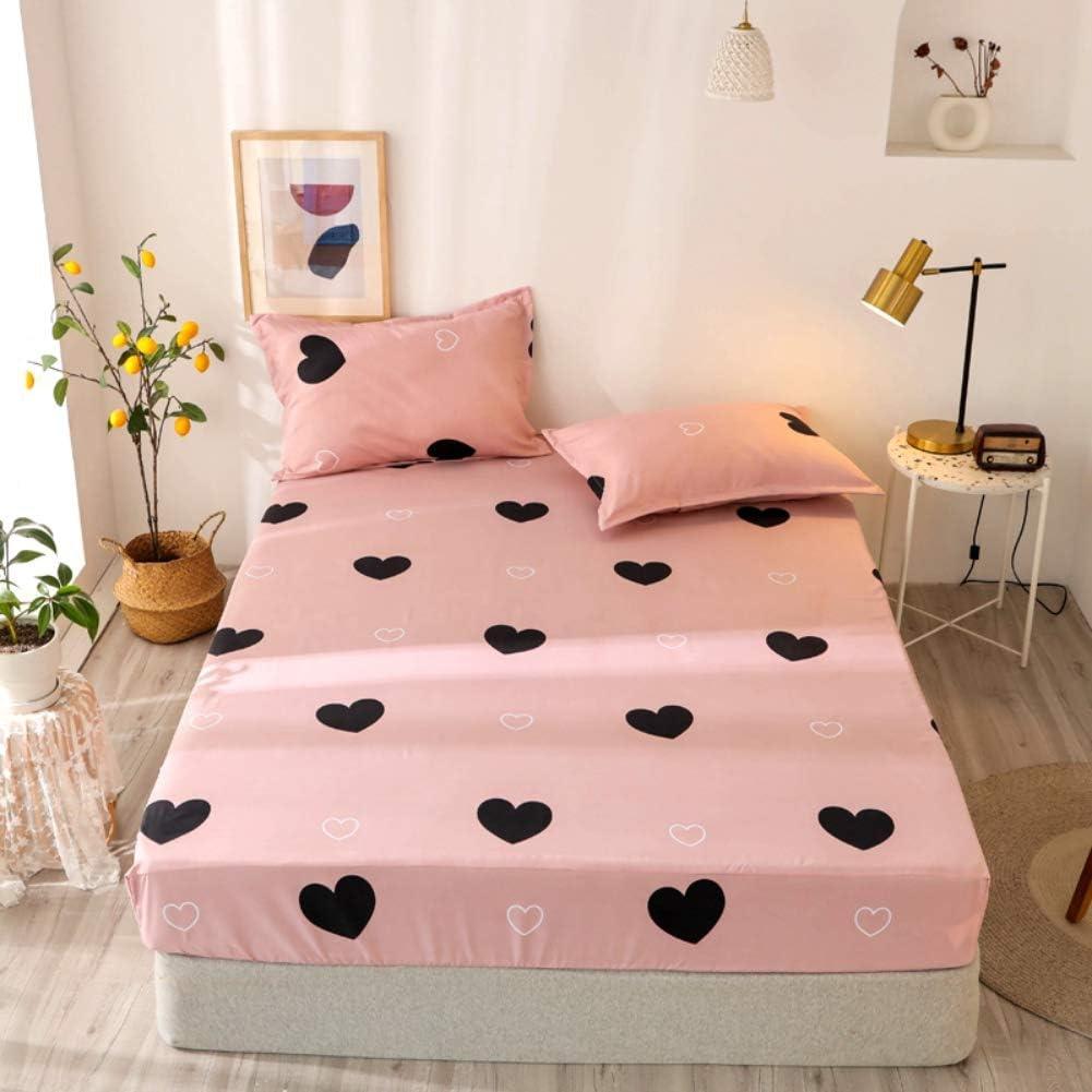 Girls Cute Heart Pattern Fitted Sheet for Kids Queen Size Lovely Pink Black Bedroom Decor Bed Sheet Set Girly Cartoon Love Geometric Bedding Set Children Modern Design Bed Cover with 2 Pillow Case