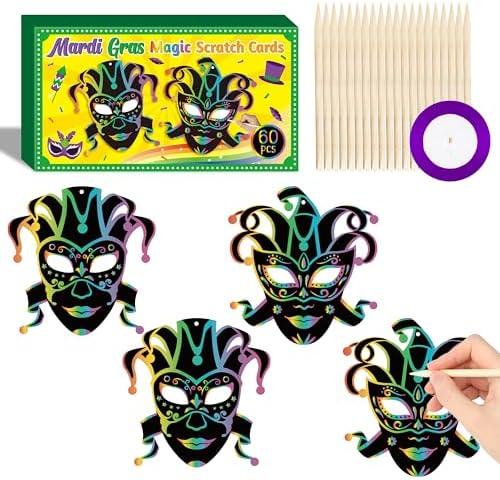 WATINC Mardi Gras Scratch Cards - 60pcs Carnival Prom Art Craft Kit for Kids, Masquerade Party DIY Magic Color Scratch Paper Card, Scratchboard Off Cards for Mardi Gras Party Decoration Supplies