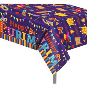 2 Pack Disposable Happy Purim Tablecloths - 54x87In Jewish Carnival Themed Table Covers with Mask Crown Hamantaschen Design for Kids Baby Shower Jewish Holiday Party Supplies Outdoor Picnics
