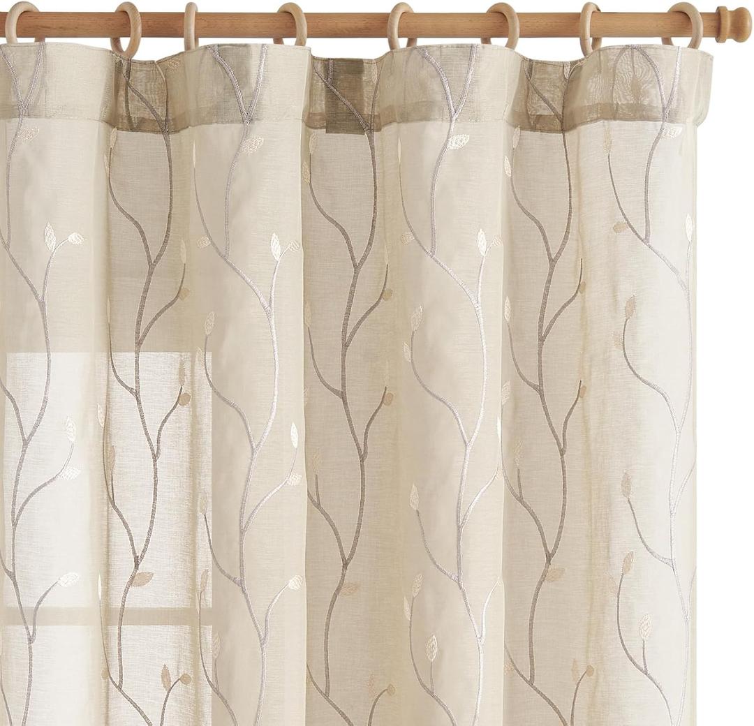 jinchan Sheer Curtains for Bedroom 63 Inch Length Leaf Embroidered Semi Sheers for Living Room Botanical Embroidery Voile Transparent Back Tab Window Treatments 2 Panels