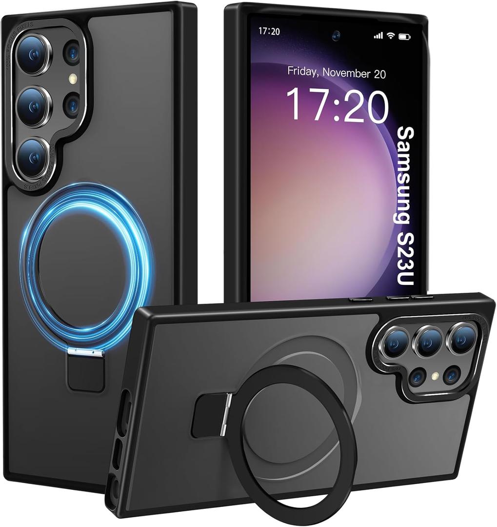Compatible with Samsung Galaxy S23 Ultra Case with Magnetic Ring Stand, Military Drop Protection, Anti-Scratch/Anti-Fingerprint Translucent Matte Case for Samsung S23 Ultra (Black)