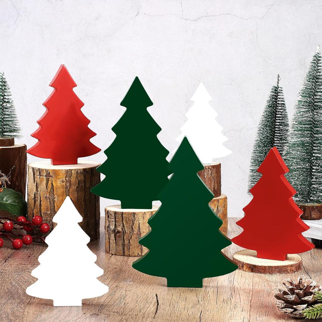 Qunclay 6 Pcs Christmas Wooden Decor Christmas Tree Table Decorations Sign Tiered Tray Decor Centerpiece Farmhouse Table Blocks for Home Party Mantle Shelf
