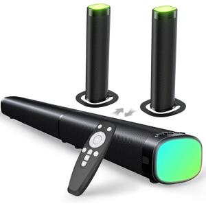 Sound Bar,100W Sound Bar for Smart TV with 3 RGB Lights Modes, Bluetooth 5.3, ARC/Opt/AUX Connect, Detachable 2-in-1 Speaker, 3 Equalizer Modes, Bass Surround Soundbar for TV/PC/Gaming/Projectors