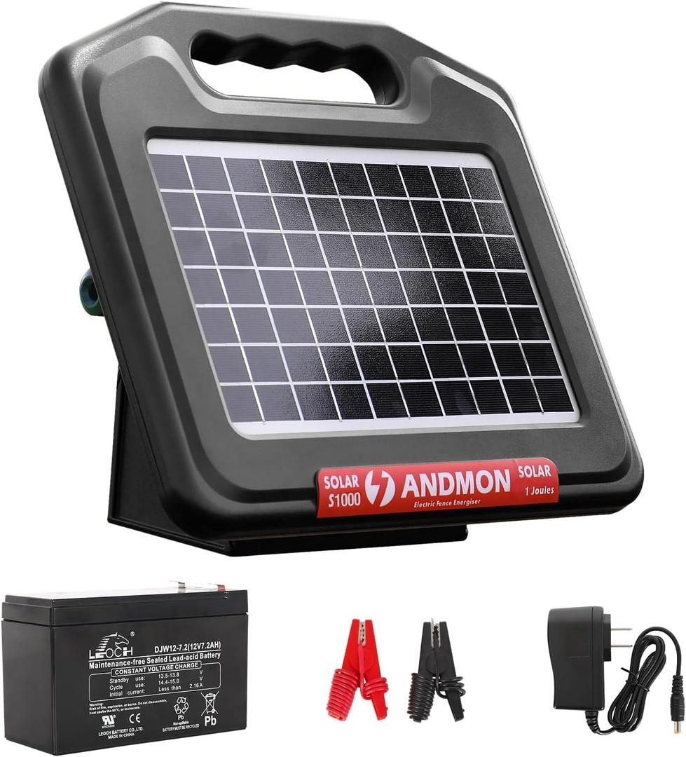S1000 1 Joule Solar Fence Charger, 40 Miles Solar Electric Fence Charger for Livestock, Horses, Cattle Sheep, Portable and Super Tough