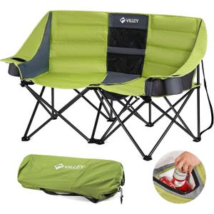 VILLEY Double Camping Chair w/Cooler Bag, Extra Wide Loveseat, Heavy Duty Padded Camping Couch, Portable Folding Chair w/Carry Bag Steel Frame Cup Holders for Camp Lawn Picnic Sports, Support 600LBS, 54"w X 25-1/2"d X 39"h