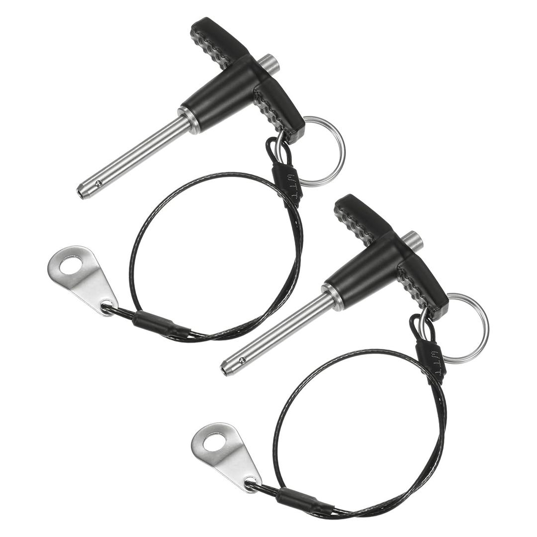 2-Pack T Handle Lock Pins, 3/16"(5mm) Dia. 1-3/16"(30mm) Usage Length Push-Button Quick Release Locking Pins W Lanyard Cable for Speaker/Aviation/Gym/Machine [304 Stainless Steel]