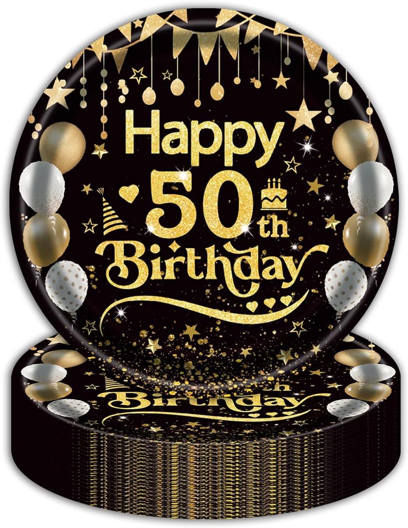 50Pcs 50th Birthday Party Paper Plates,9inch Disposable Black and Gold Dessert Party Plates Party Decorations for Men Woman 50th Happy Birthday Wedding Party Supplies