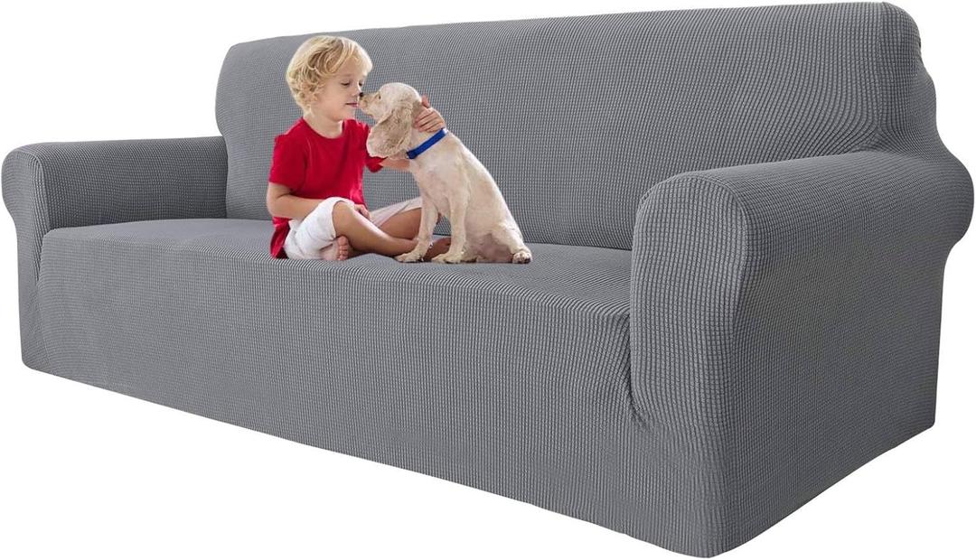 MAXIJIN Super Stretch Couch Cover for 3 Cushion Couch, 1-Piece Universal Sofa Covers Living Room Jacquard Spandex Furniture Protector Dogs Pet Friendly Fitted (Extra Large, Gray)