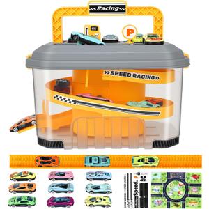 Toy Car Track Storage Playset - Toddler Toys for Ages 2-4, Car Track Set Including 12 Diecast Cars, PlayMat, Race Tracks, Car Ramp, Kids Birthday Gift for 2 3 4 5 Year Old Boys