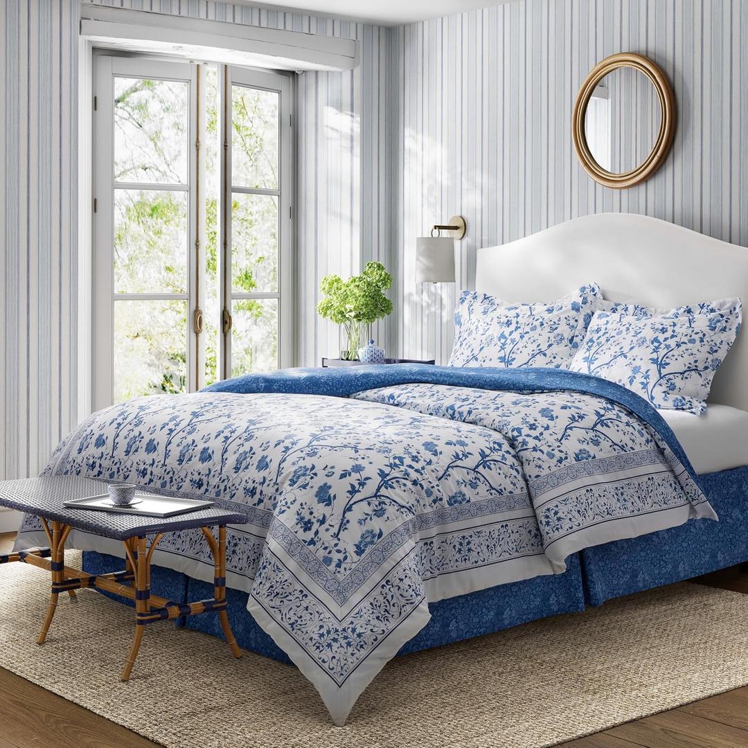 Laura Ashley - Twin Comforter Set, Soft & Reversible Cotton Bed Set, 3 Piece Floral Bedding with Matching Pillowcase & Bonus Bed Skirt (Charlotte Blue)