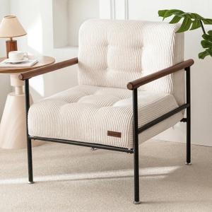MAXYOYO Living Room Accent Chair, Modern Chair with Sturdy Metal Frame & Wood Armrests, Upholstered Reading Chair with Upholstered Cushion for Bedroom Balcony Porch, Beige