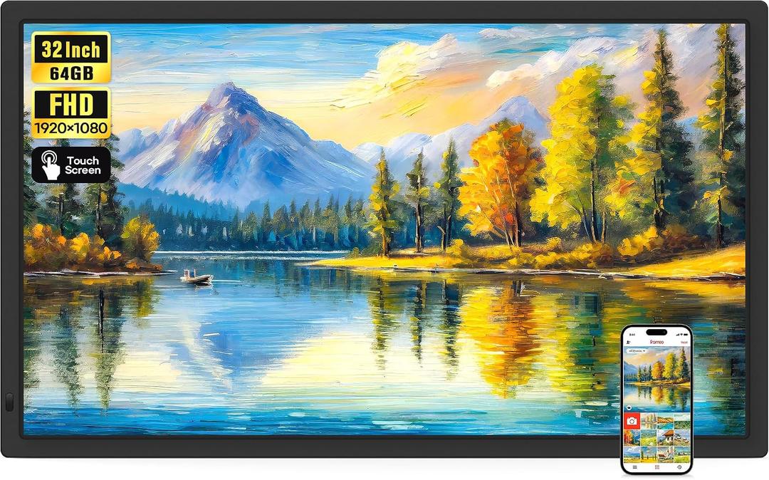 32" Frameo Large Digital Picture Frame 64GB, WiFi Photo Frame, Touch Screen
1920 x 1080 FHD IPS Touchscreen, Extra Electronic Photo Frames, 2.4G/5G WiFi, Support USB/SD, Share Photos/Videos Instantly