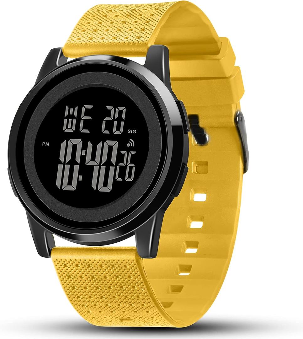 Mens Watch Ultra-Thin Digital Sports Watch Waterproof Stainless Steel Fashion Wrist Watch for Men Women (Yellow)