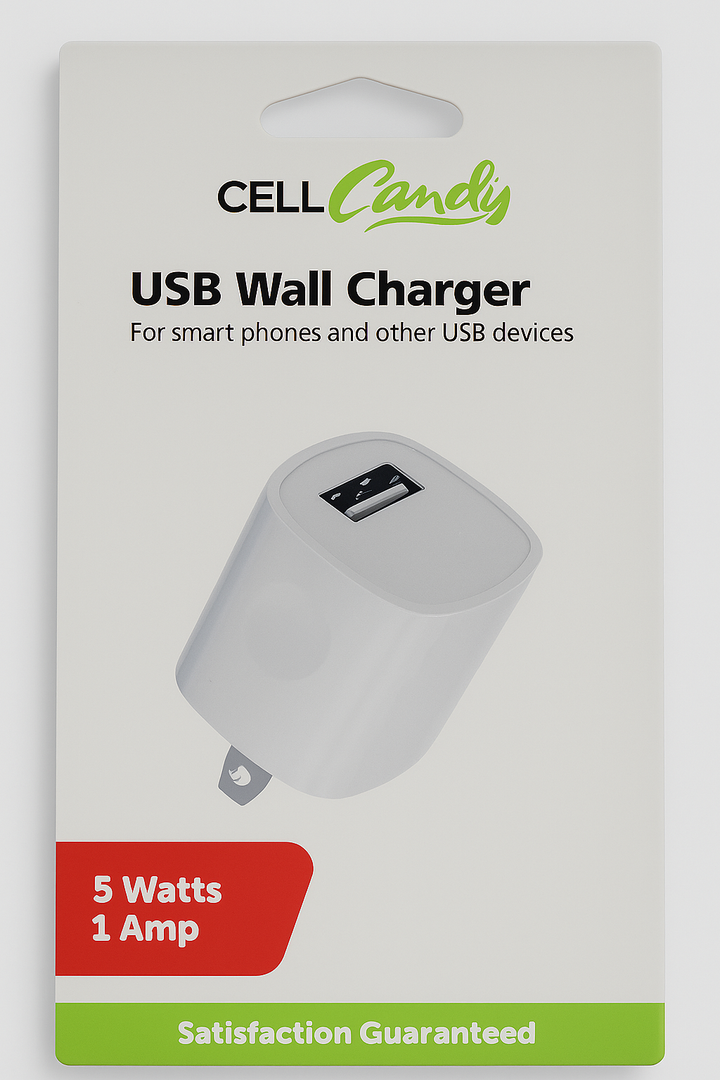 CELL CANDY USB WALL CHARGER 5 WATTS 1 AMP, WHITE 