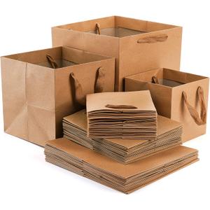 Yesland 30 Pack Kraft Bags with Ribbon Handles, 3 Sizes Paper Gift Wrap and Shopping Bags, Reusable Square Large Retail Business Packaging Bags for Goodie, Party, Wedding, Present(10'', 8'', 6'') (Brown)
