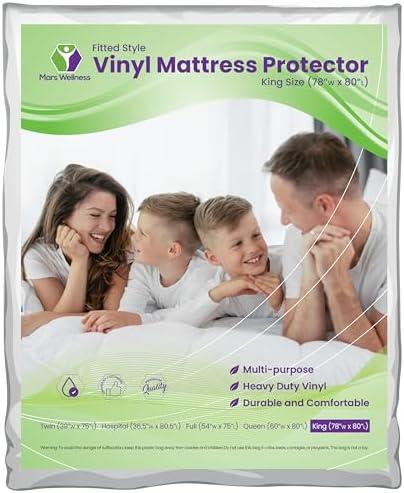 Mars Wellness Waterproof Vinyl Mattress Protector and Cover - Contoured Fitted White Mattress Cover Sheet - 1 Pack - King