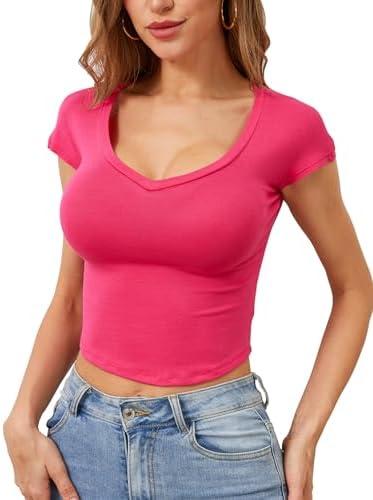 OFSOAK Womens Crop Tops V Neck Short Sleeve Summer Basic Tees Fitted Plain Soft T Shirts Trendy Going Out Y2K Tops, Pink, Medium