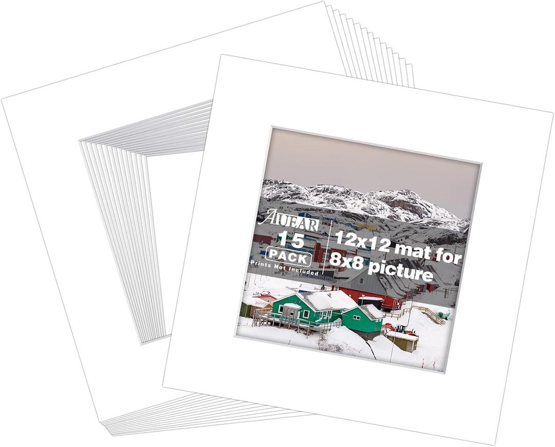 AUEAR Pack of 15 Pre-Cut Acid-Free 12x12 White Picture Mats with White Core Bevel Cut for 8x8 Photos/Prints