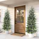 Outdoor Artificial Topiary Cedar Tree Real Touch Faux Pine Evergreen Shrub Plant UV Resistant Greenery Tree with Pot Realistic Cypress Front Porch Decor (5FT-2Pack)