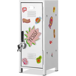 Mini Locker with Lock Keys Stickers 10.8inch Small Storage Locker Desk Locker Metal Small Locker Miniature Storage Locker Functional Safe Metal Locker for Desktop Bedroom Home Office (White)