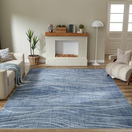 WITSHOCK Washable Rugs 8x10 Modern Area Rugs, Thin Rug for Living Bedroom Dining Room Nursery Kitchen Office, Wave Striped Rugs Indoor Carpet Soft Non Slip Stain Resistant Home Decor, Blue