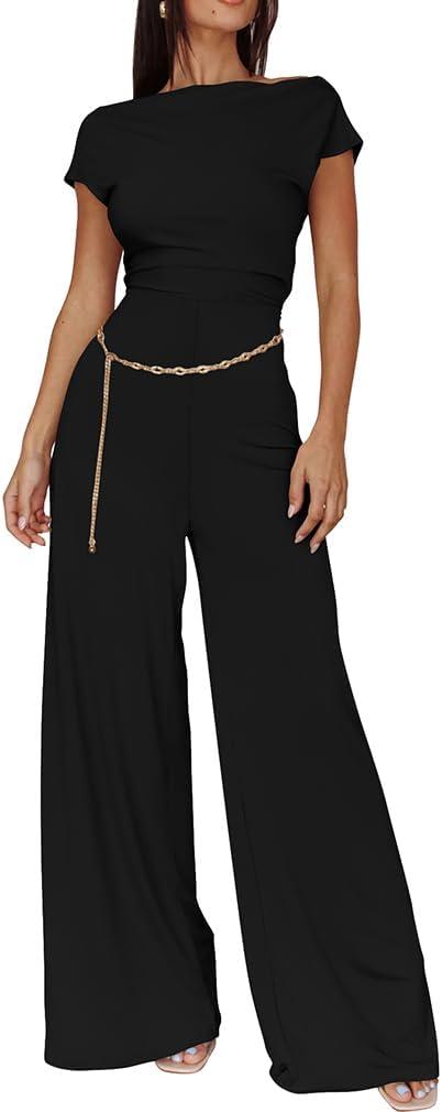 XXTAXN Women's Caual Fashion Crew Neck Short Sleeve Ruched Waist Backless Tie Wide Leg Long Pant One Piece Jumpsuit (Black, S)